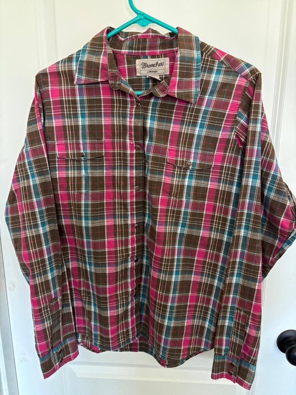 Wrangler Pink, Brown & Blue Plaid Button-Down Shirt